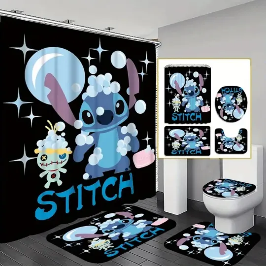 Stitch Themed Four-Piece Bathroom Shower Curtain Set with Bath Mat and Toilet Cover