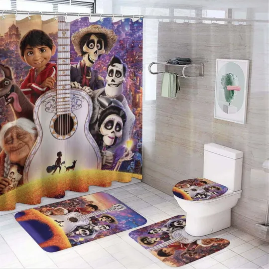 Discover Coco 4-Piece Shower Curtain Set with Non-Slip Rugs, Toilet Lid Cover & Bath Mat
