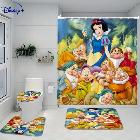 Discover Snow White & Dwarfs Cartoon Shower Curtain & Toilet Mat Set - Polyester