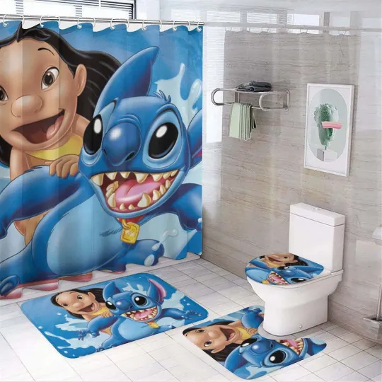 Discover Kids Bathroom Stitch 4-Piece Set – Shower Curtain, Mats & Toilet Lid Cover Decor
