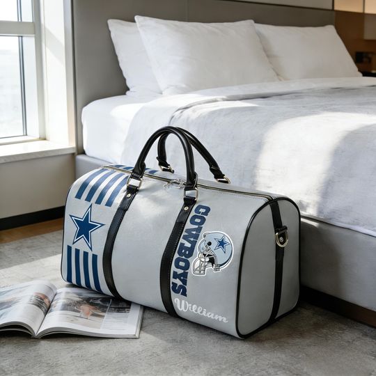 Personalized Cowboys Travel Bag, Custom Name PU Leather Duffel Bag, Football Fan Weekender Bag