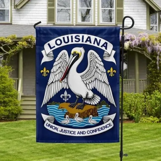 Discover Louisiana State Brown Pelican Garden Flag Union Justice Confidence