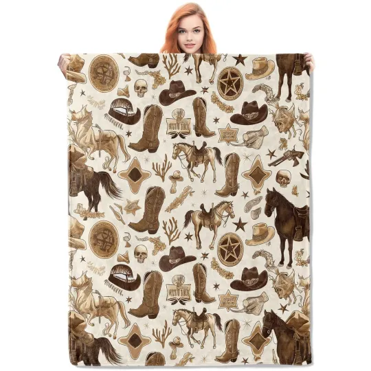 Discover Western Cowboy Fleece Blanket with Vintage Icons and Horse Design