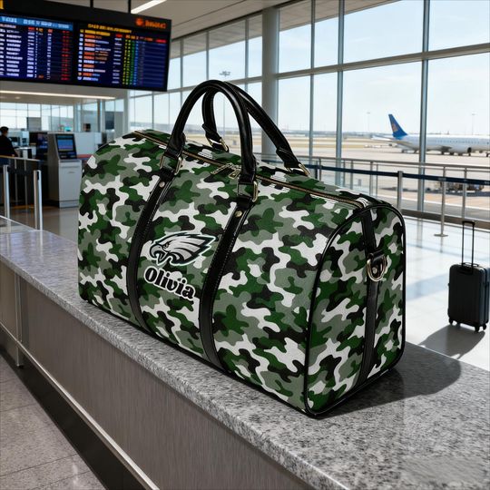 Custom Name Travel Duffel for Football Fans, Personalized PU Weekender Duffel, Gym Outdoor Overnight Bag