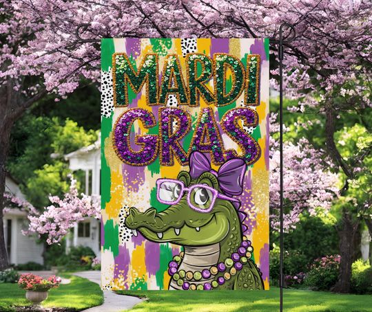 Discover Super Cute Mardi Gras Garden Flag with Alligator/ Festive Decor for Your Garden/Mardi Gras Garden Flag/Beads/New Orleans/Louisiana/Flag