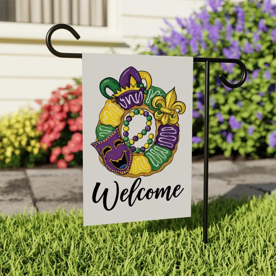 Discover Mardi Gras Welcome Garden Flag, Festive Mardi Gras Wreath Yard Flag Decor, New Orleans Carnival Outdoor Decoration, Fat Tuesday Parade Flag
