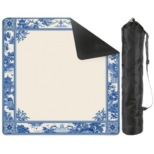 Discover Chinoiserie Mahjong Mat with Bag  Blue Foldable Waterproof Game Mat 31.5"x31.5" for Mahjong, Card Games, Tabletop Play and Decor