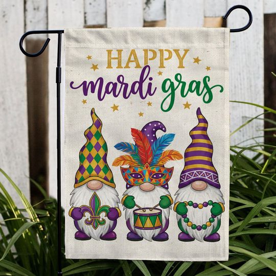 Discover Happy Mardi Gras Gnomes Garden Flag, Masquerade Tomte Beads & Drum Yard Decor, New Orleans Lucky Holiday Outdoor Art, FGC392