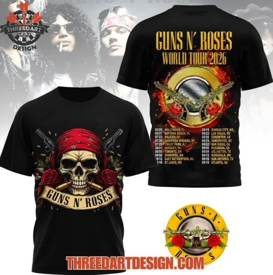 Discover Guns And Roses World Tour 2026 3D US T-Shirt Size S To 5XL