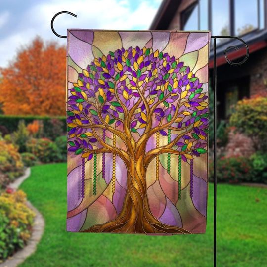 Mardi Gras Tree Stained Glass Garden Flag, Outdoor Garden Decor