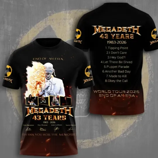 Discover Megadeth 43 Years 1983-2026 World Tour 2026 End Of An Era TX 3D T-Shirt Unisex
