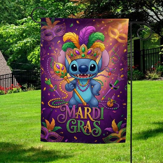 Discover Stitch Mardi Gras Garden Flag, Disney Lilo And Stitch Mardi Gras Flag,Mardi Gras Decor, Garden Flag Mardi Gras Decor, Outdoor Flag SL4X18