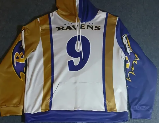 Baltimore Ravens football Football White 3D Pull-over Hoodie - Number 9- XL