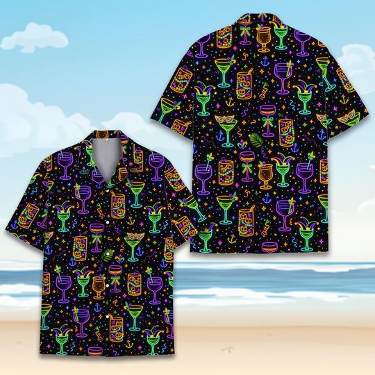 Discover Neon Cocktail Hawaiian Shirt, Mardi Gras Party Button Up Shirt, Colorful Neon Drink Print, Night Party Shirt, Gift For Party Lovers