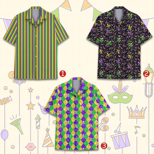 Discover Mardi Gras Hawaiian Shirt Men Women Kid Youth, Fleur-de-Lis Carnival Party Button-Up Shirt, Perfect for Parades, Festivals Carnival Wear