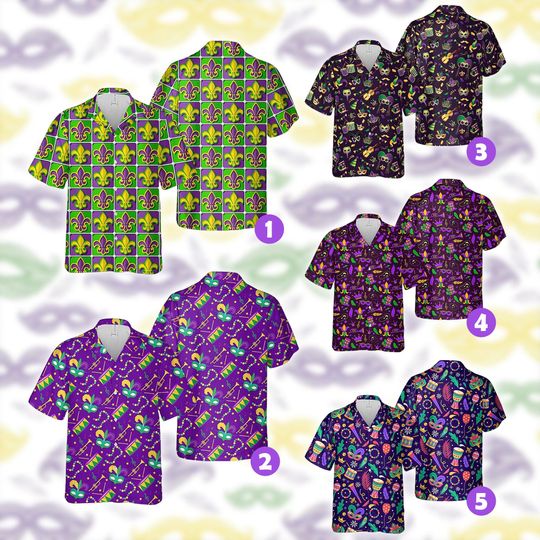 Mardi Gras Hawaiian Shirt | Breathable Lightweight Comfort | Allover Mardi Gras Pattern Print | Carnival Parade Party Button Down