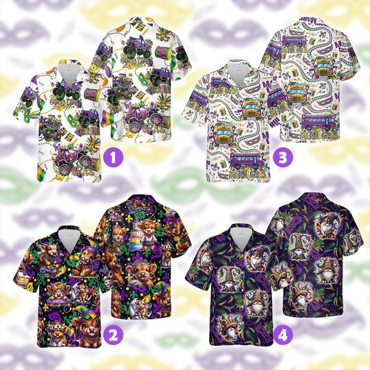 Discover Mardi Gras Hawaiian Shirt | Breathable Lightweight Comfort | Masquerade Mask Print | Carnival Parade Party Button Down
