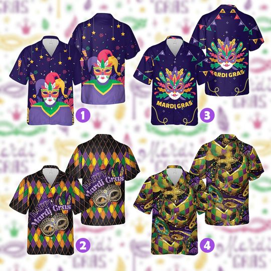 Mardi Gras Hawaiian Shirt | Breathable Lightweight Comfort | Masquerade Mask Print | Carnival Parade Party Button Down