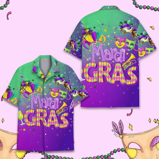 Discover Mardi Gras Hawaiian Shirt for Adult Youth, Funny Carnival Aloha Shirt Button Down, Purple Green Gold Nola Parade Festival Outfit