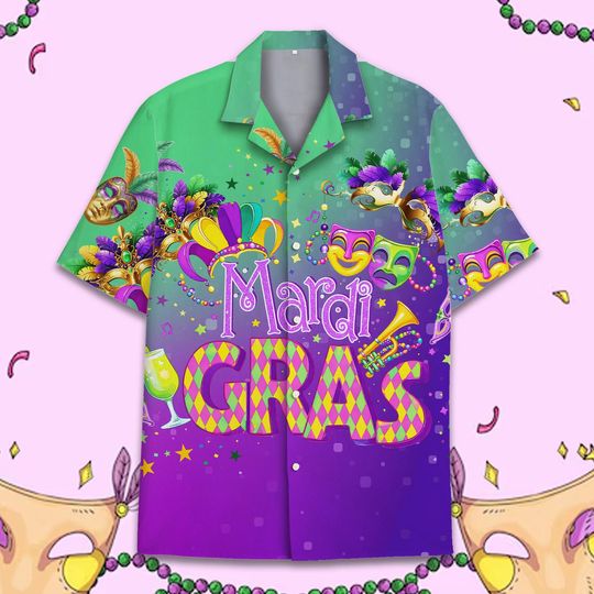 Discover Mardi Gras Hawaiian Shirt Unisex, Funny Carnival Aloha Shirt Button Up, Purple Green Gold Party Festival Top, Nola Parade Outfit