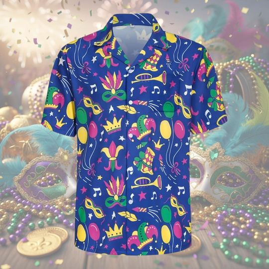 Discover Mardi Gras Carnival Party Shirt, Blue Festive Button Up with Masquerade Masks & Crowns, New Orleans Celebration Holiday Apparel Gift