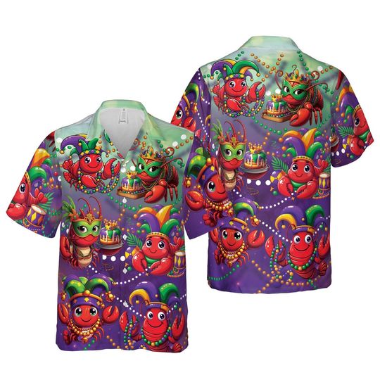 Discover Funny Mardi Gras Hawaiian Shirt, Crawfish, King Cake, Beads Button Up Shirt, Louisiana, Fat Tuesday, Fleur De Lis Carnival Gift