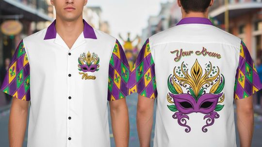 Discover Mardi Gras Bowling Shirt For Men Personalized Carnival Mask Krewe Outfit White Button Up Festival Party Style