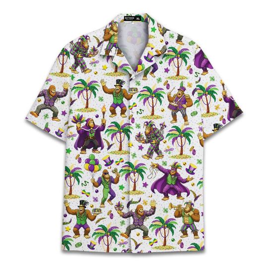 Discover Funny Bigfoot Mardi Gras Hawaiian Shirt: Sasquatch Men's Patterned Short Sleeve Button-Down