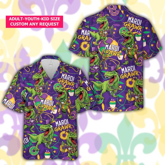 Discover Mardi Grawr Dinosaur Hawaiian Shirt, Mardi Gras Dino Button Down Shirt, Purple Dino Carnival Shirt, Mardi Gras Party Shirt For T-Rex Lover