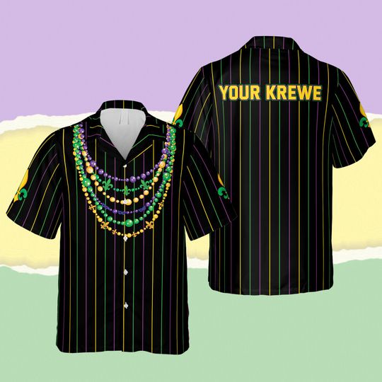Discover Custom Mardi Gras Hawaiian Shirt With Krewe Name, Beads Necklace Fleur De Lis Carnival Button Up, Louisiana Parade Shirt, Fat Tuesday Gift