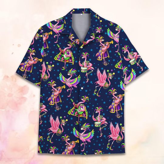 Discover Mardi Gras Flamingo Hawaiian Shirt, Funny Pink Flamingo Aloha Shirt Button Up Shirt Unisex, Carnival Jazz New Orleans Party Outfit