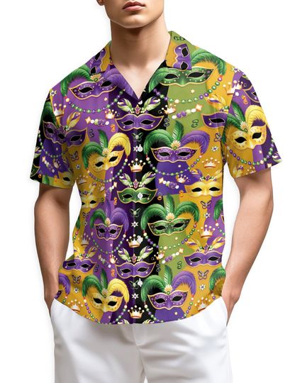 Discover Mardi Gras Mask Hawaiian Shirt, Carnival Mask Shirt, New Orleans Festival Shirt, Unisex Party Button Up, Mardi Gras Outfit