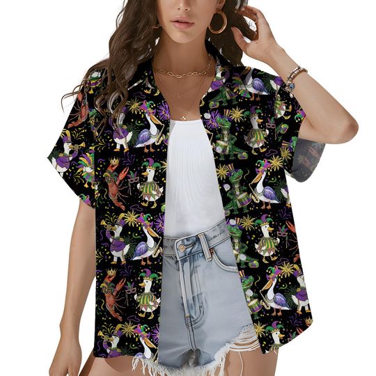 Discover Funny Mardi Gras Hawaiian Shirt Women, Alligator Pelican Carnival Parade Shirt Button Down, Purple Green Gold Festival Top