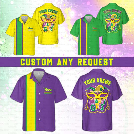 Discover Personalized Mardi Gras Pocket Hawaiian Shirt, Custom Name Mardi Gras Krewe Button Up Shirt, Matching Fleur De Lis, Louisiana, Fat Tuesday