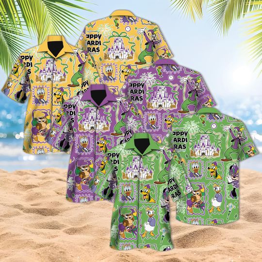 Discover Disney Mickey Friends Mardi Gras Collection Hawaiian Shirt, Minnie Mouse Goofy Daisy Donald Pluto Hawaii Shirt, Mardigras Vacation Matching
