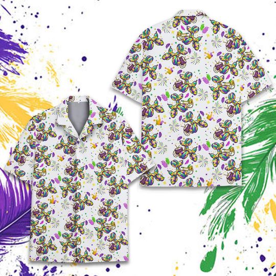 Balloon Dog Mardi Gras Hawaiian Shirt Adult Youth, Carnival Party Button Up Shirt, Purple Green Gold Festival Shirt, New Orleans Outfit