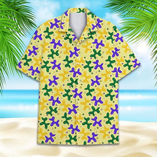 Mardi Gras Hawaiian Shirt, Balloon Dog Carnival Button Up Shirt, Purple Green Gold Party Shirt, Fat Tuesday Outfit for Men Women
