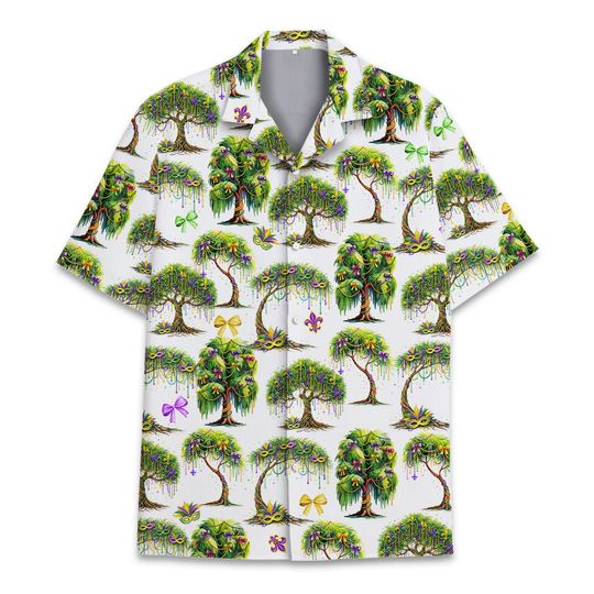 Discover Mardi Gras Hawaiian Shirt, Carnival Tree Fleur De Lis Button Up Shirt, Purple Green Gold Party Shirt, New Orleans Festival ShirT