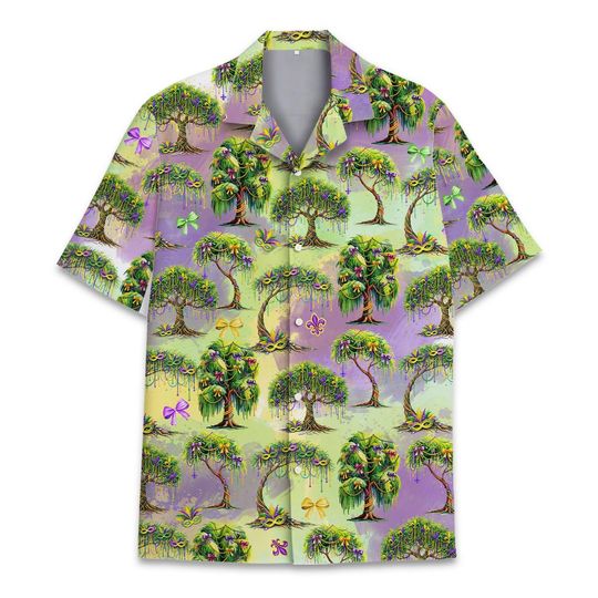 Discover Mardi Gras Hawaiian Shirt, Carnival Tree Fleur De Lis Button Up Shirt, Purple Green Gold Party Shirt, New Orleans Festival ShirT