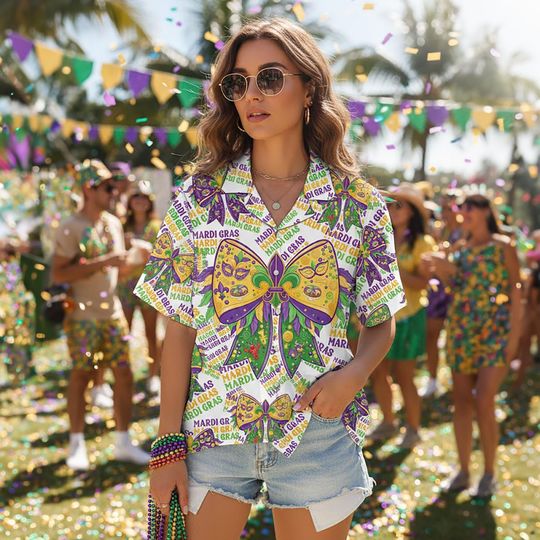 Discover Mardi Gras Hawaiian Shirt, Vibrant Mask and Ribbon Print, Fat Tuesday Costume for Men Women, Soft Breathable Party Wear, Unique NOLA Gift