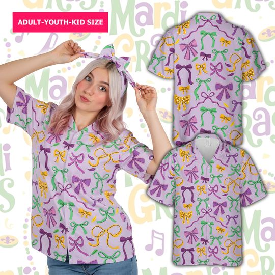 Discover Mardi Gras Bow Hawaiian Shirt, Mardi Gras Coquette Style Shirt, Purple Bow Carnival Shirt, Mardi Gras Party Shirt