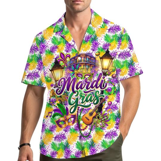 Discover Mardi Gras Hawaiian Shirt for Men Women Youth, Funny Carnival Aloha Shirt Button Up, Purple Green Gold Party Festival Outfit