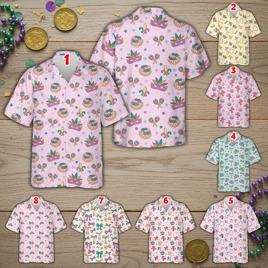 Discover Mardi Gras Carnival Hawaiian Shirt, King Cake, Beads & Fleur de Lis Button Down Shirt, Fat Tuesday Shirt For Men Women, New Orleans Shirt