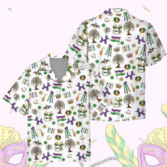 Discover Funny Mardi Gras Carnival Hawaiian Shirt, NOLA Fat Tuesday Button Shirt, Louisiana Festival Gift, Beads Tree, Fleur De Lis Shirt