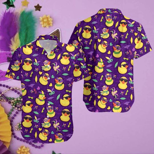 Discover Funny Duck Mardi Gras Hawaii Shirt Men Women Youth, Fleur de Lis Aloha Button Shirt, Purple Green Gold, Mardi Gras Costume, Festival Party