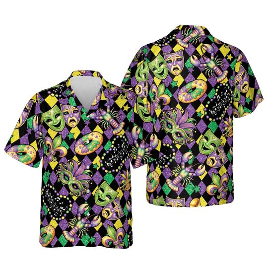 Argyle Mardi Gras Fleur De Lis Hawaiian Shirt, Fat Tuesday Button Shirt, Louisiana Festival Gift, Funny Team Parade King Cake Crawfish Shirt