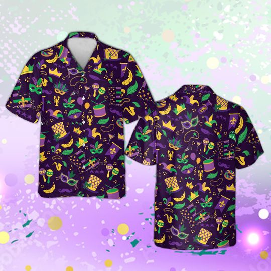 Discover Mardi Gras Hawaiian Shirt, Comedy Tragedy Mask Aloha Top, New Orleans Carnival Music Party Outfit, Fat Tuesday Button Up Short Sleeve