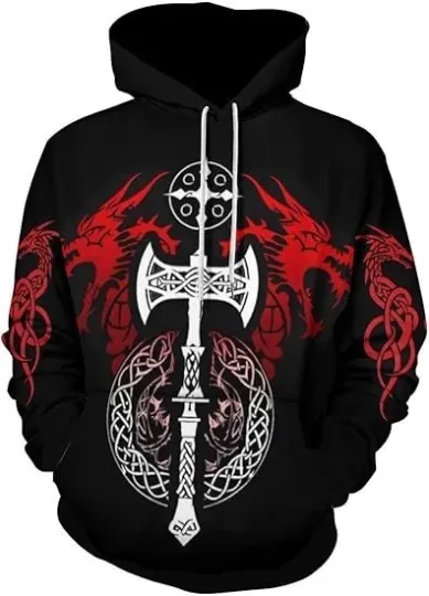 Discover 3D Viking Axe Hoodie Norse Dragon Warrior Unisex Pullover Sweatshirt