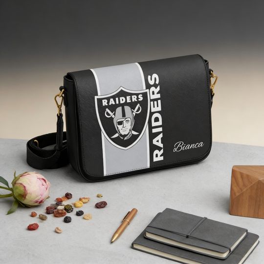 Personalized Raiders Messenger Bag, Custom Name football Fan Crossbody, Black Silver Football Gift for Him
