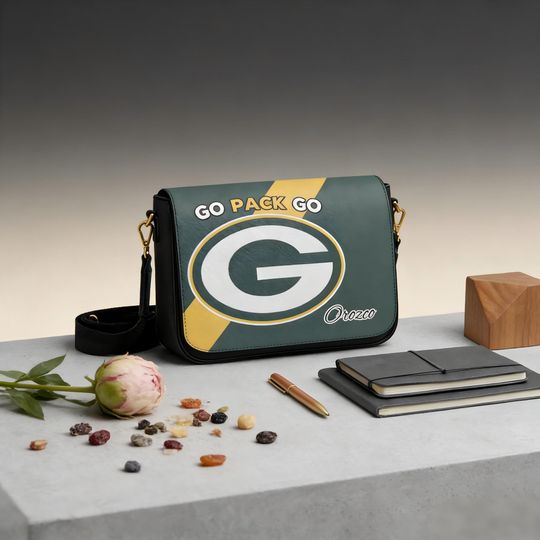 Discover Go Pack Go Personalized Leather Messenger Bag with Custom Name Green Bay Football Fan Gift